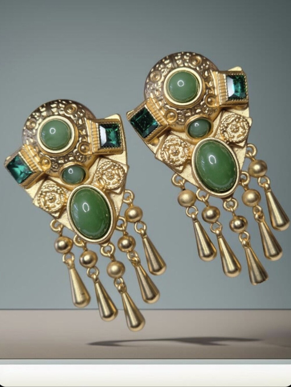 Matte Gold Plated Chunky Ornate Byzantine Glass Cabochon Crystal Dangle Earrings - Picture 3 of 6